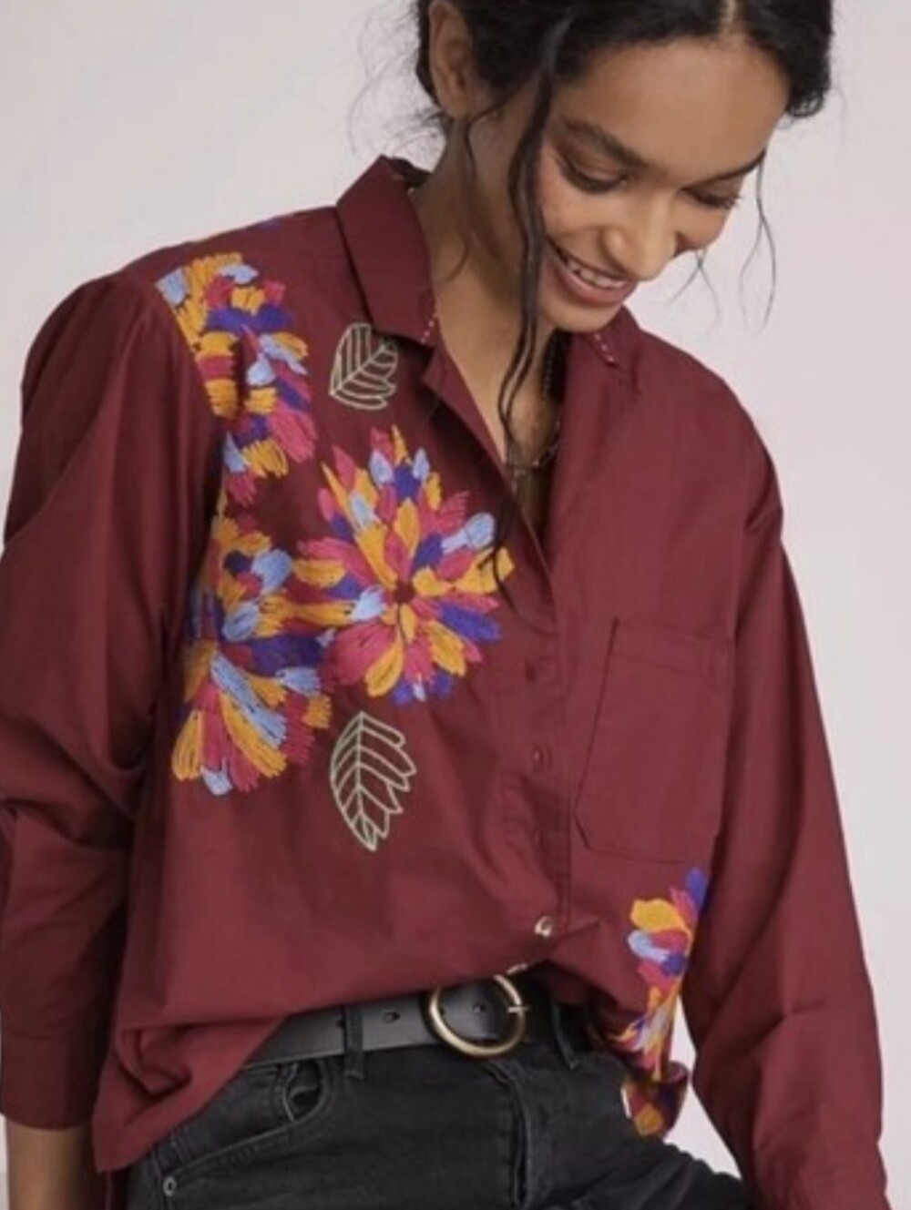 Anthropologie MAEVE Wine Burgundy Floral Embroidered Button-Up Top Sz2